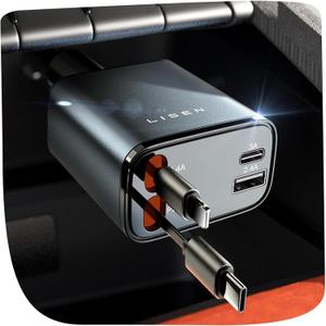 LISEN Retractable Car Charger, 69W USB C Car Accessories Adapter for iPhone 16 USBC Charger Fast Charging, Mothers Day for Gifts, Travel Essentials for Women Men, Road Trip Essentials for iPhone 16 15 (Grey)