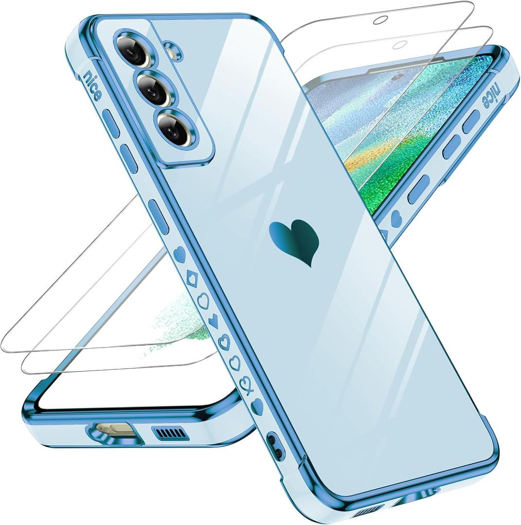 LeYi for Galaxy S21 FE Case: with Tempered Glass Screen Protector [2 Pcs]+ Full Camera Lens Protection,Love Heart Plating Girly Luxury Soft TPU Shockproof Case for Samsung S21 FE,Sierra Blue
