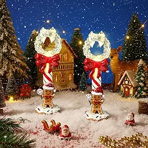 Amyhill 2 Pcs Christmas Lighted Table Decorations 5.3" Resin Gingerbread Figurine Table Centerpiece with Light Streetlights Battery Operated Mini Street Statue for Xmas Micro Landscape Garden