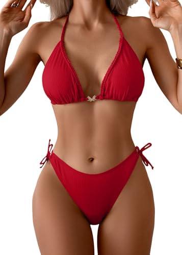 Eomenie Ribbed Bikini Sets for Women Sexy Halter Triangle Top Two Piece Bathing Suit Tie Side Swimsuit S
