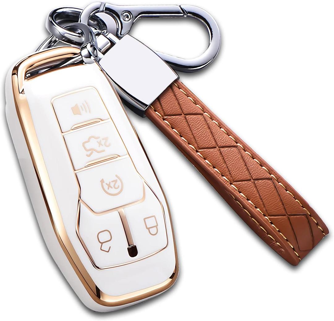 for Ford Key Fob Cover with Keychain, Premium Soft TPU Full Protection Key Fob Case for Ford Fusion Mustang F150 Edge Explorer Lincoln MKZ MKC MKX Smart Remote Key Protector (Size B-Ivory)