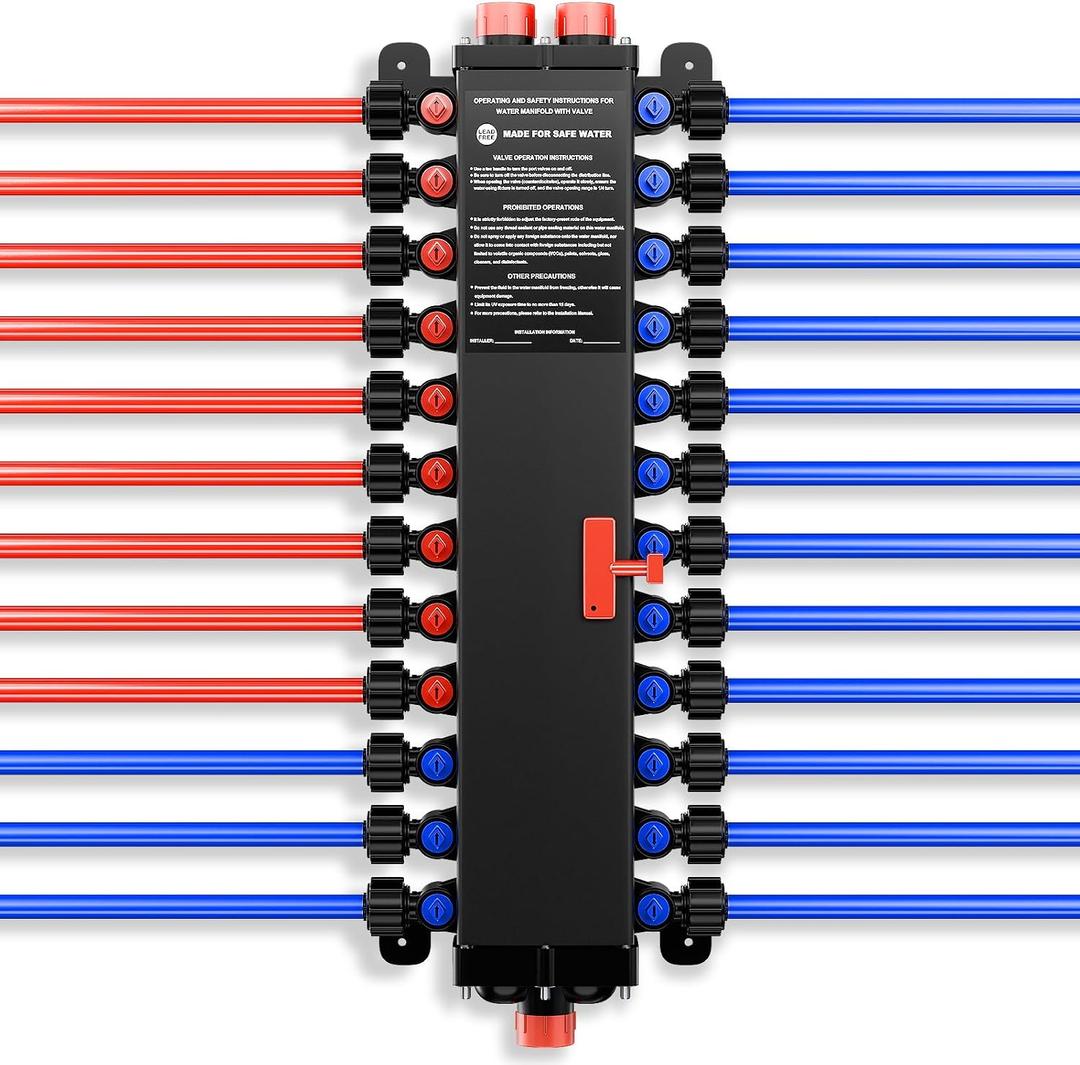 50243 24-Port PEX Manifold | Compatible with viega manabloc | 15 Cold 9 Hot Water Distribution | 3/4" Inlet 1/2" Zero Lead Poly Alloy PEX Crimp | Easy Installation & Color-Coded Ports