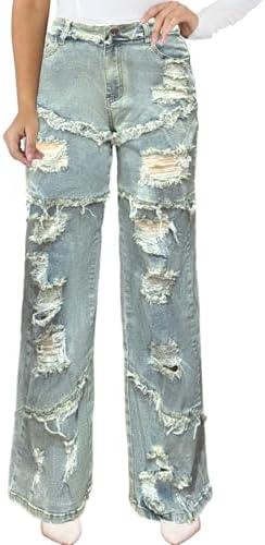 IbuduSexy Women's Mid Waisted Wide Leg Distressed Jeans Ripped Retro Denim Pants M-L