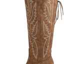 Atuelang Cowgirl Boots Wide Calf Western Cowboy Boots for Women Embroidered Pointed Toe Block Heel Pull-On Back Lace Up Adjustable Fancy Tall Knee High Boots Brown Size 9