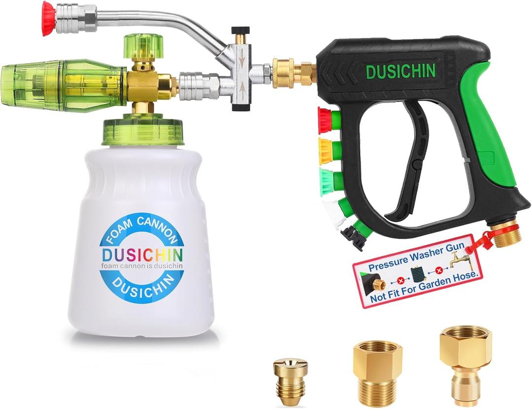 DUSICHIN Short Pressure Washer Gun with Foam Cannon,Dual Connector Accessory, Car Wash Foam Cannon Kit 1/4 Inch Quick Connector, 5 Pressure Washer Nozzle Tips,Double Tip Attachment For Soap Cannon
