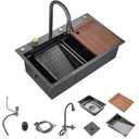 30"Kitchen Sink with Faucet Combo Waterfall Black Stainless Steel Waterfall Sink Kitchen Countertop Multi-Functional Sinks Farmhouse Undermount or Countertop Drop in