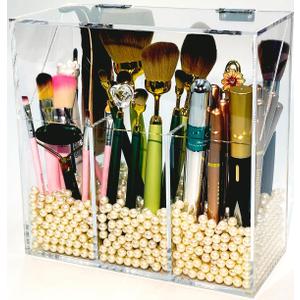 Acrylic Makeup Organizer,Clear Cosmetic Brush Storage Box With 3 Brush Holders,with Dust Cover, Large-capacity Split Design can Quickly Organize the Desktop (with3 bags of white pearls