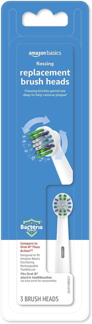 Amazon Basics Braun Electric Toothbrush Replacement Brush Heads, Floss-Like Bristles for Plaque Removal, Fits Oral-B, 3 Count, White