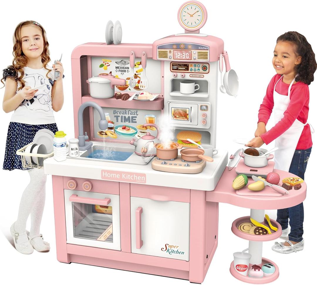 Elevon Interactive Role Play Kitchen Set with Lights, Sounds, and Play Accessories  Creative Cooking Pretend Play for Imaginative Fun (Pink)