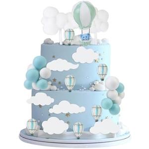 Cheereveal Hot Air Balloon Cake Decorations - Blue Hot Balloon White Rain Cake Cupcake Toppers Ball Dessert Picks, Hot Air Balloon Theme Baby Shower Birthday Party Celebration Photo Props
