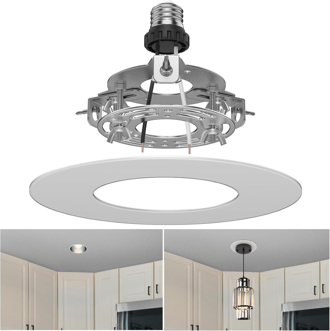 R5 and 6 Recessed Can Light Conversion Kit, Fixture Upgrade, Pendant & Hanging Light, Ceiling Fan Compatible, 7 Inch Flat Steel Ceiling Medallion, White Finish