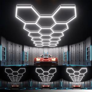 Hexagon Garage Lights : 3 Level Dimmable 476W Tube 17 Grids Hexagon LED Lights - Easy Install 6500K Super Bright Hex Lights for Warehouse, Car Detailing Shop, Exhibition Hall, Gym, 17 HEX+NoBorder
