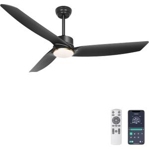 Ohniyou 56 Inch Black Ceiling Fan with Lights, Modern 3 Blades Ceiling Fan with Remote/APP Control, Reversible DC Motor, Dimmable 3 CCT, Indoor Outdoor Fan for Covered Patios Living Room