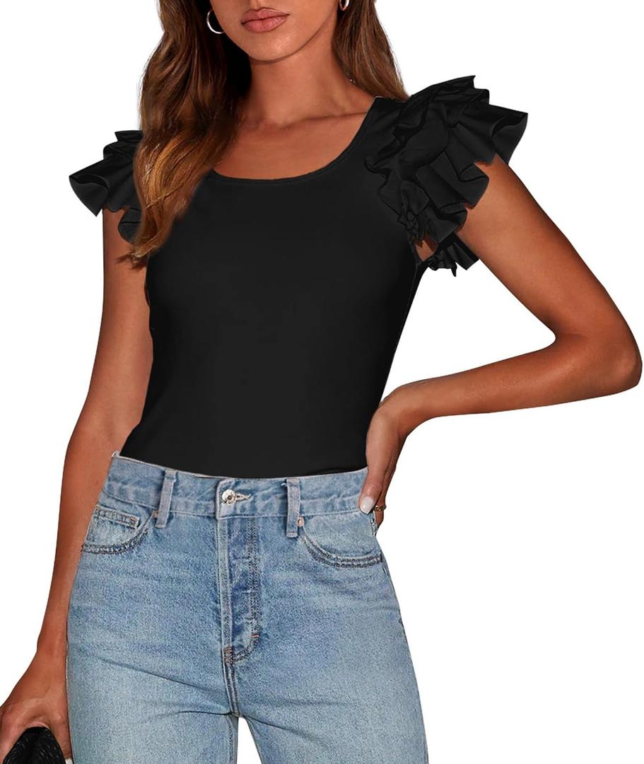 PRETTYGARDEN Women's Ruffle Short Sleeve Shirts 2026 Summer Casual Basic Tee Cute Fitted Crew Neck Fashion Tops Clothes (Black, M)