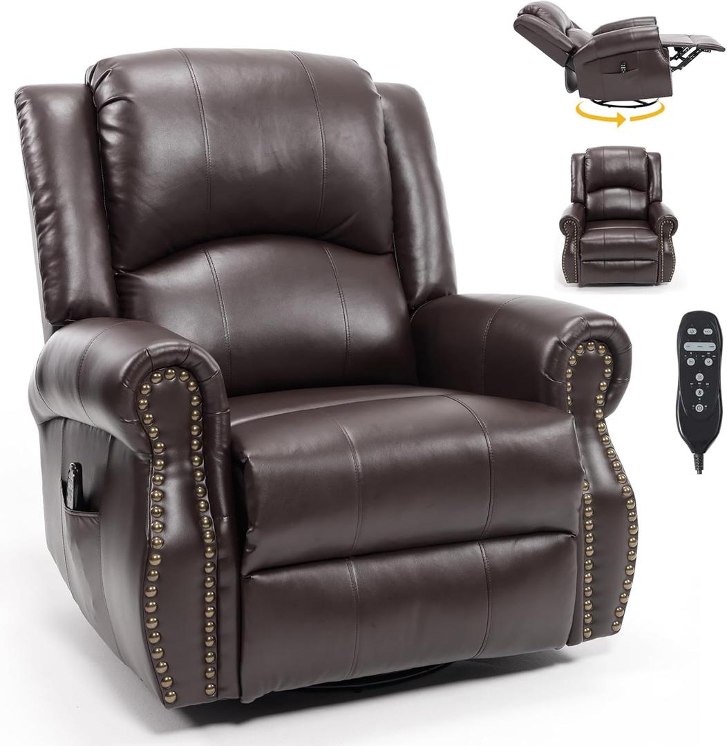 Classic Rivets Leather Recliner Chair for Living Rooms, Swivel Rocker Recliner Chair with Heat and Massage, Wall Hugger Glider Reclining Sofa for Small Spaces, Brown