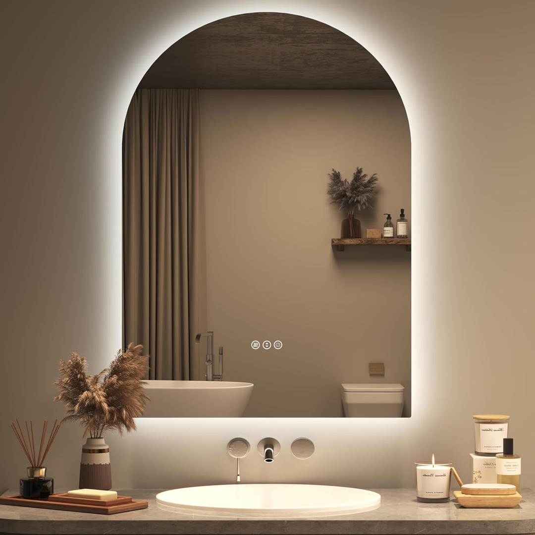 20x28 Inch Backlit Arched LED Mirror for Bathroom, Dimmable Lighted Vanity Mirror for Wall, Anti-Fog, 3 Colors, Memory, ETL Listed