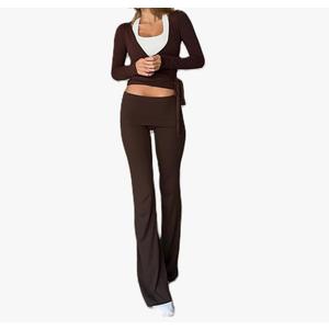 Women 2 Piece Lounge Outfit Tie up Long Sleeve Cross Wrap Shirt Fold Over Flare Pants Yoga Pilates Ballet Tracksuits, Size M