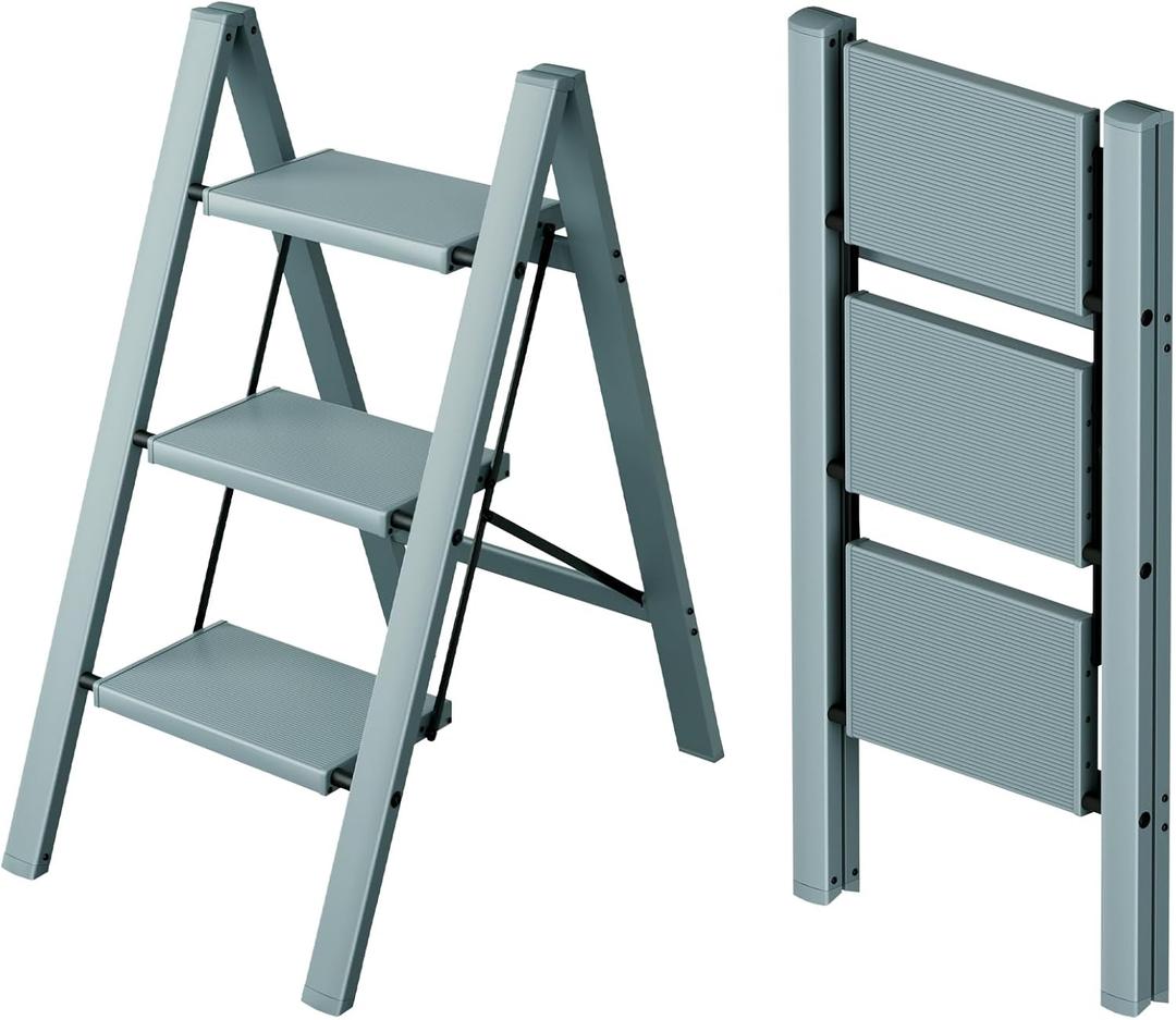 Taranta 3 Step Ladder, Aluminum Lightweight Folding 3 Step Stool with Anti-Slip Wide Pedal,330lbs Capacity Step Ladder for Household, Kitchen,Office - Serene Blue