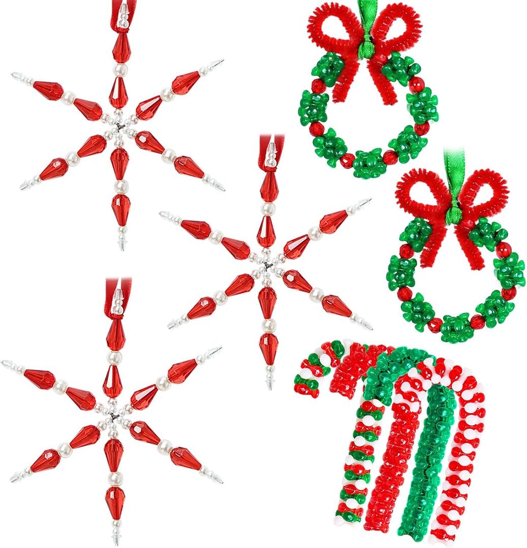 GYGOT Christmas Crafts for Adults,30 Sets Christmas Beaded Ornament Kit to Make-Incl. 6 PC Snowflake/12 PC Wreath/12 PC Candy Cane(Assembly Needed)