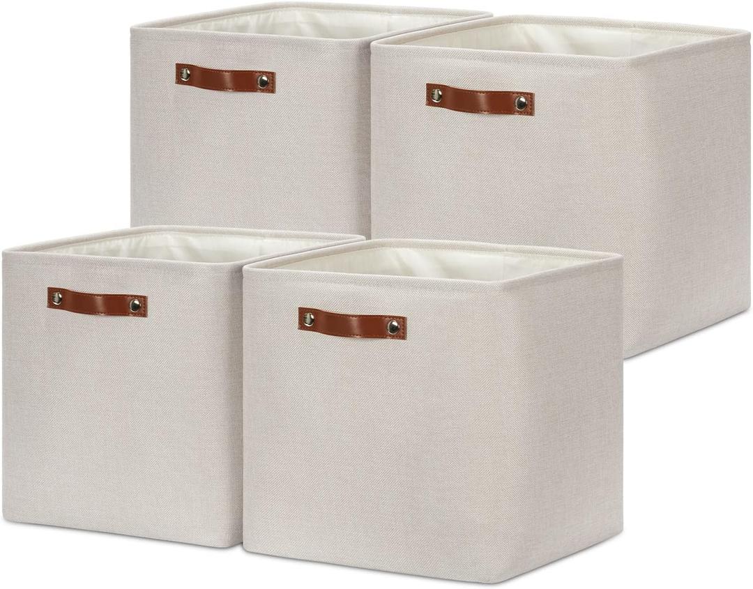 Storage Bins, 4 Pack Of 13x13x13 Decorative Storage Cube Bins Suit Office, Home, Shelves And Closet, Cube Storage Bin with Leather handle(6 Pack - 13" Beige)