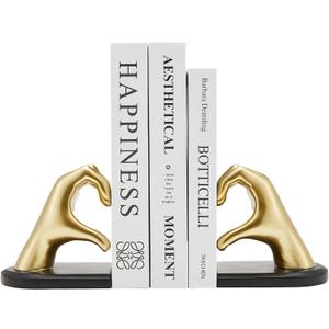 Gold Bookends, Heavy Duty Bookend Holder Decor, Golden Finger Heart Shaped, Modern Art Sculpture, Finger Home Decoration, Bookends Decorative, Boho Decor for Desktop Bedroom Study Room