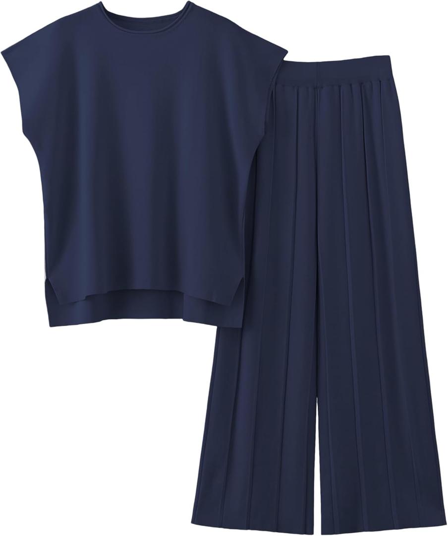 2 Piece Outfits for Women Sweater Sets Knit Vest Tops Elastic Waisted Pants (Small, Navy)