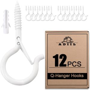 ADIIL 12 PCS Q Hanger Hooks with Safety Buckle, Windproof Screw Hooks for Hanging Outdoor String Lights, Plants, Christmas Patio Lights, 2.2 Inches, White