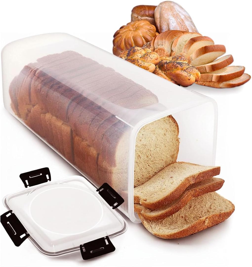 Clear Airtight Bread Storage Container with 4-Latch Lid, Tall Plastic Bread Box for Sandwich Loaves, Bagels & Baguettes, 5513 in BPA-Free Bread Keeper for Counter, Pantry & Freezer