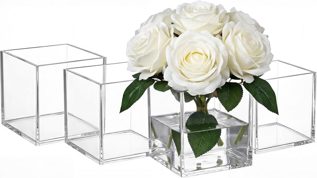Kingrol Set of 4 Clear Acrylic Cube Vases, 4x4x4 Inch Square Flower Vase, Shatterproof Crystal Plastic Floral Containers for Wedding Centerpieces, Home & Office Decor