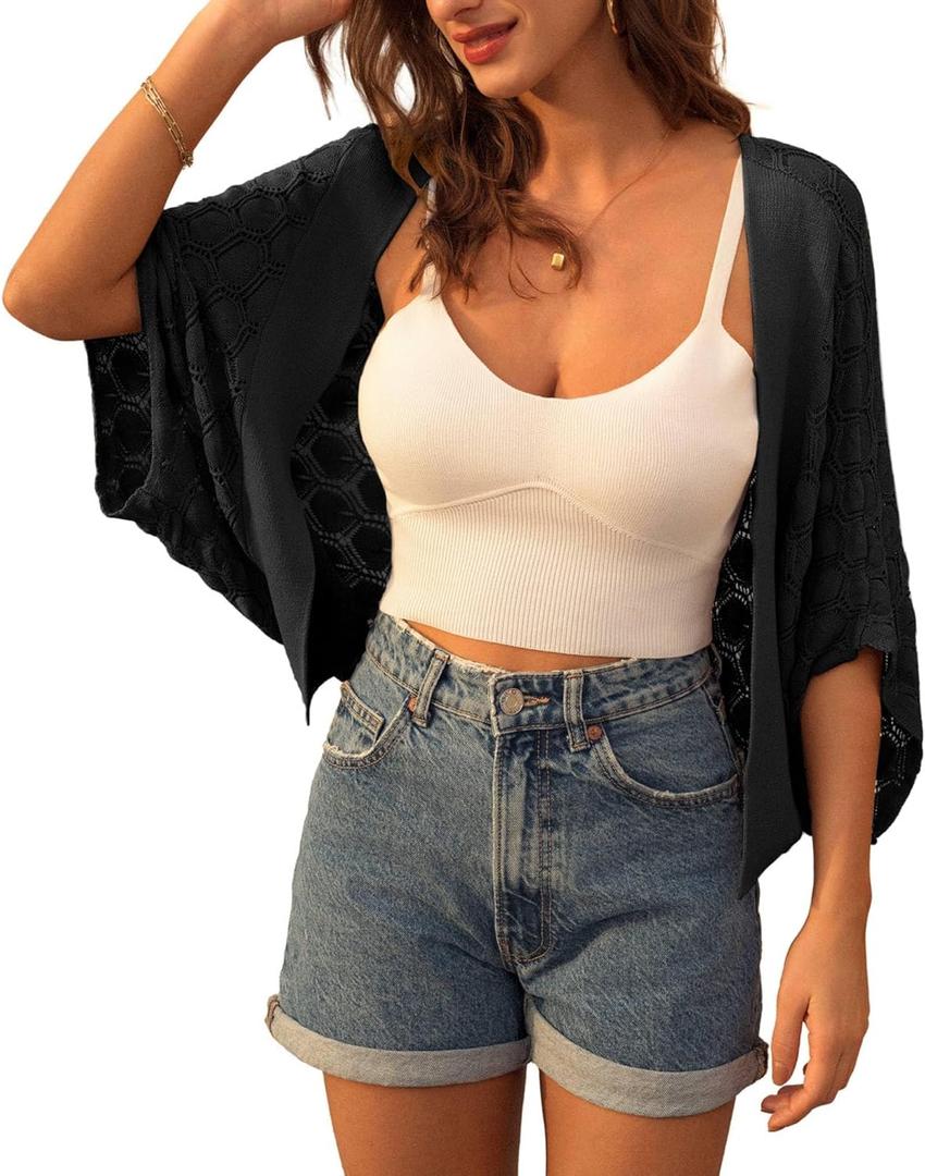 GRACE KARIN Summer Cropped Cardigan for Women 2026 Batwing Sleeve Crochet Bolero Shrug Sweaters Lightweight Beach Boho Kimono (Black, L)