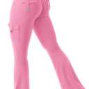 YEOREO CoreFlex Women Workout Flare Leggings with Pockets Hidden Scrunch High Waisted Cargo Gym Yoga No Front Seam Leggings (Large, Pink)