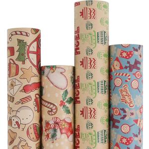 Aimyoo Kraft Christmas Wrapping Paper Set, Vintage Kids Xmas Gift Wrap Paper Rolls, Stockings Candy Canes Santa Deers Snowman Skating Shoes Designs,17 in x 16 ft per Roll