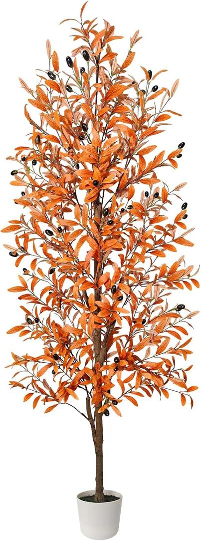 Artificial Olive Tree, Fall Tree for Outdoor Indoor Porch Entryway, Orange Potted Fake Tall Plants, Autumn Decoration for Home Office Party Thanksgiving Halloween, 6ft