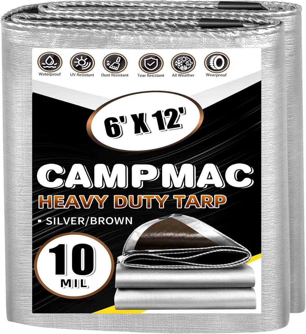 Tarps Heavy Duty Waterproof 6x12 Ft, 10 Mil Thick, High Durability, Rip, UV Resistant and Tear Resistant with Metal Gromets Every 20 Inches (Silver/Brown - Reversible)