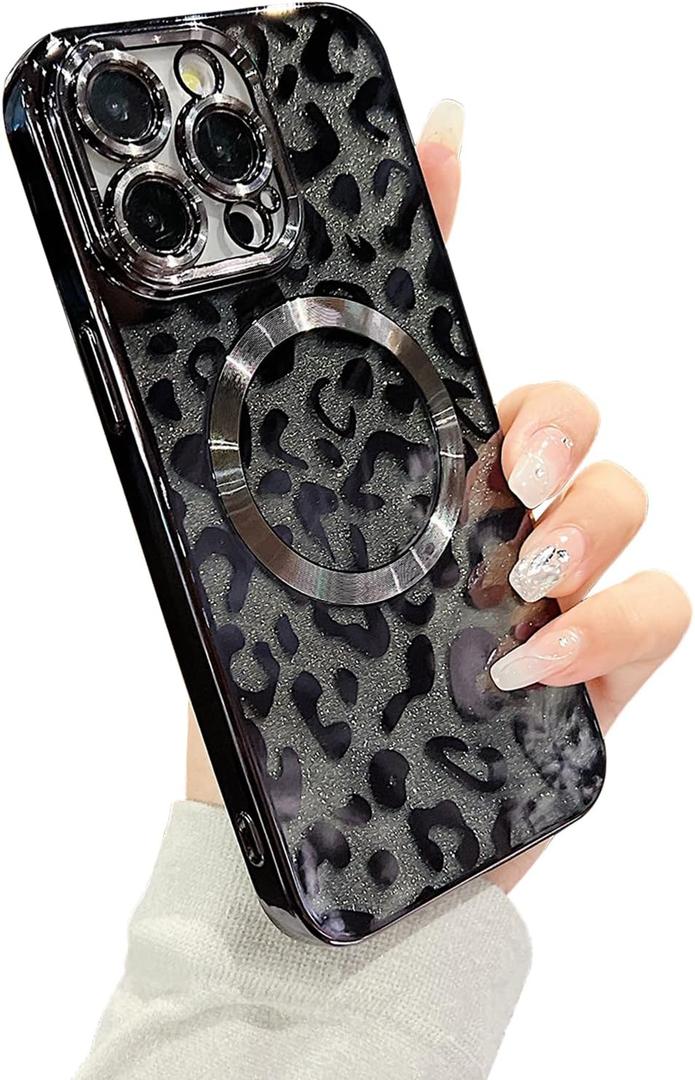 for iPhone 15 Pro Max Case Magnetic,Soft Cute Luxury Leopard Cheetah Pattern Plating Glitter Bling Phone Case Compatible with MagSafe Clear Shockproof Back Cover for Women Girl 6.7"-Black