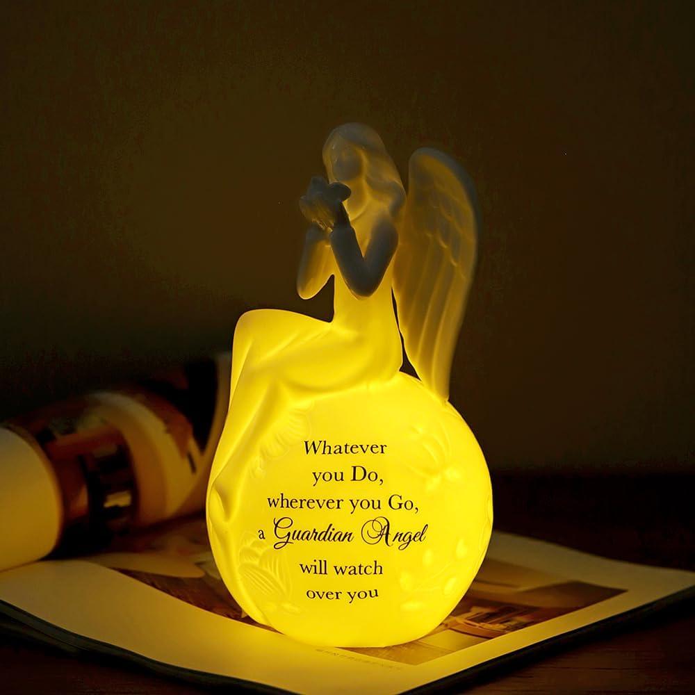 Guardian Angel Ceramic Night Light  Praying Angel Figurine Lamp with Inspirational Message  LED Light Up Keepsake Gift for Christian Home Dcor, Sympathy, Memorial, or Fathers Day