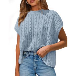 PRETTYGARDEN Women's Sweater Vest 2025 Summer Short Sleeve Tops Casual Crewneck Knit Oversized Pullover Trendy Spring Outfits (Light Blue,Large) (Blue, L)