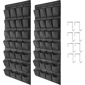 2 Pack 28 Large Pockets Hanging Shoe Organizer Over The Door Shoe Rack for Closet Door Storage Shoe Holder Hanger.8Hooks.Imitation linen Gray (Black)