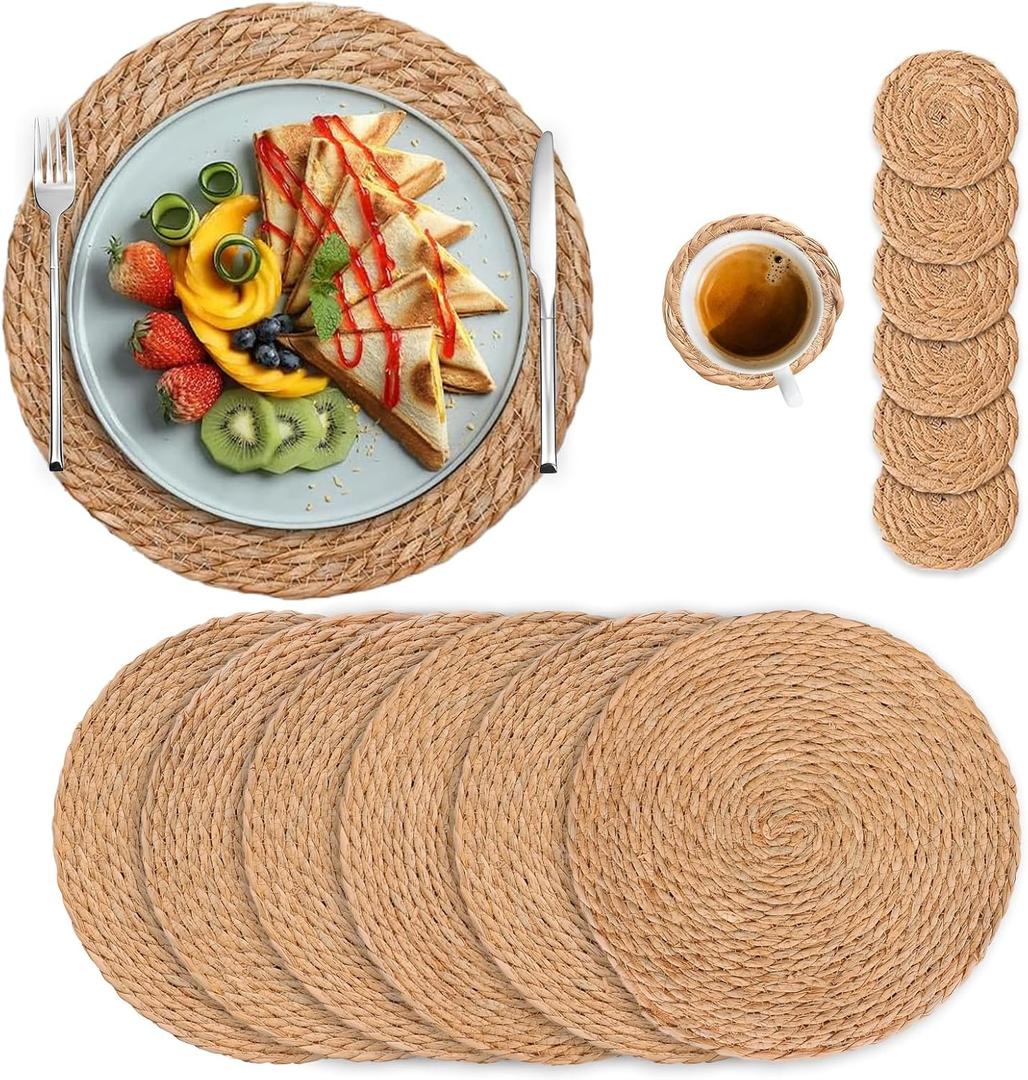 Round Woven Placemats Set of 6, 13 inch Plate Chargers with Coasters Set of 6, Natural Place mats for Dining Table Decor, Boho Farmhouse Rustic Rattan Wicker Table Mats Chargers for Dinner Plates