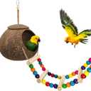 Coconut Bird House Coconut Shell Bird Nest with Ladder for Parrots, Hamsters Small Animals House Pet Cage Habitats Decor, Pet Bird Supplies