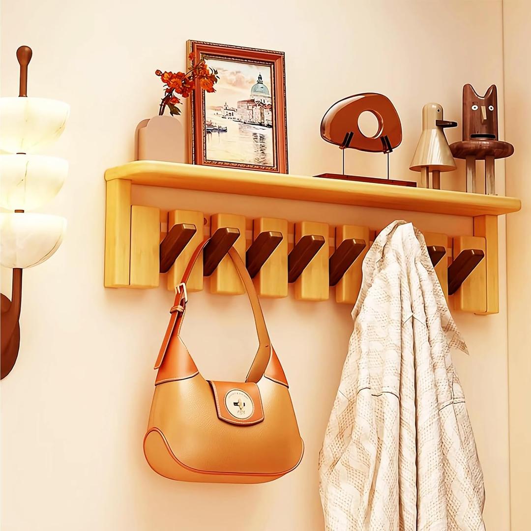 Wall Mounted Coat RackHooks Piano Key Hangers Natural Solid Wood Hanger Non-Woven Fabric Clothes Hangers for Closet, Kitchen, Bedroom, Bathroom, Entryway (Tray Walnut-Beech, 8 Hooks)