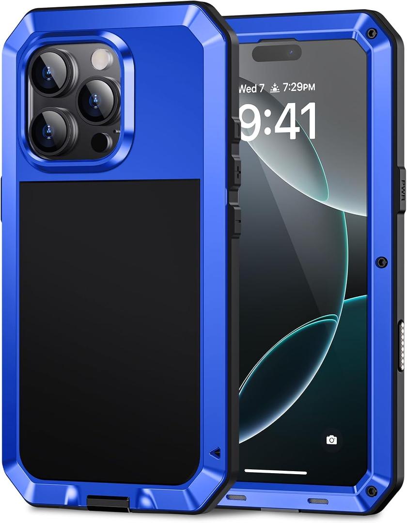 Lanhiem for iPhone 16 Pro Max Case, Metal Heavy Duty Shockproof Tough Rugged Case with Built-in Glass Screen Protector, 360 Full Body DustProof Strong Protective Phone Case for 16 Pro Max 6.9", Blue