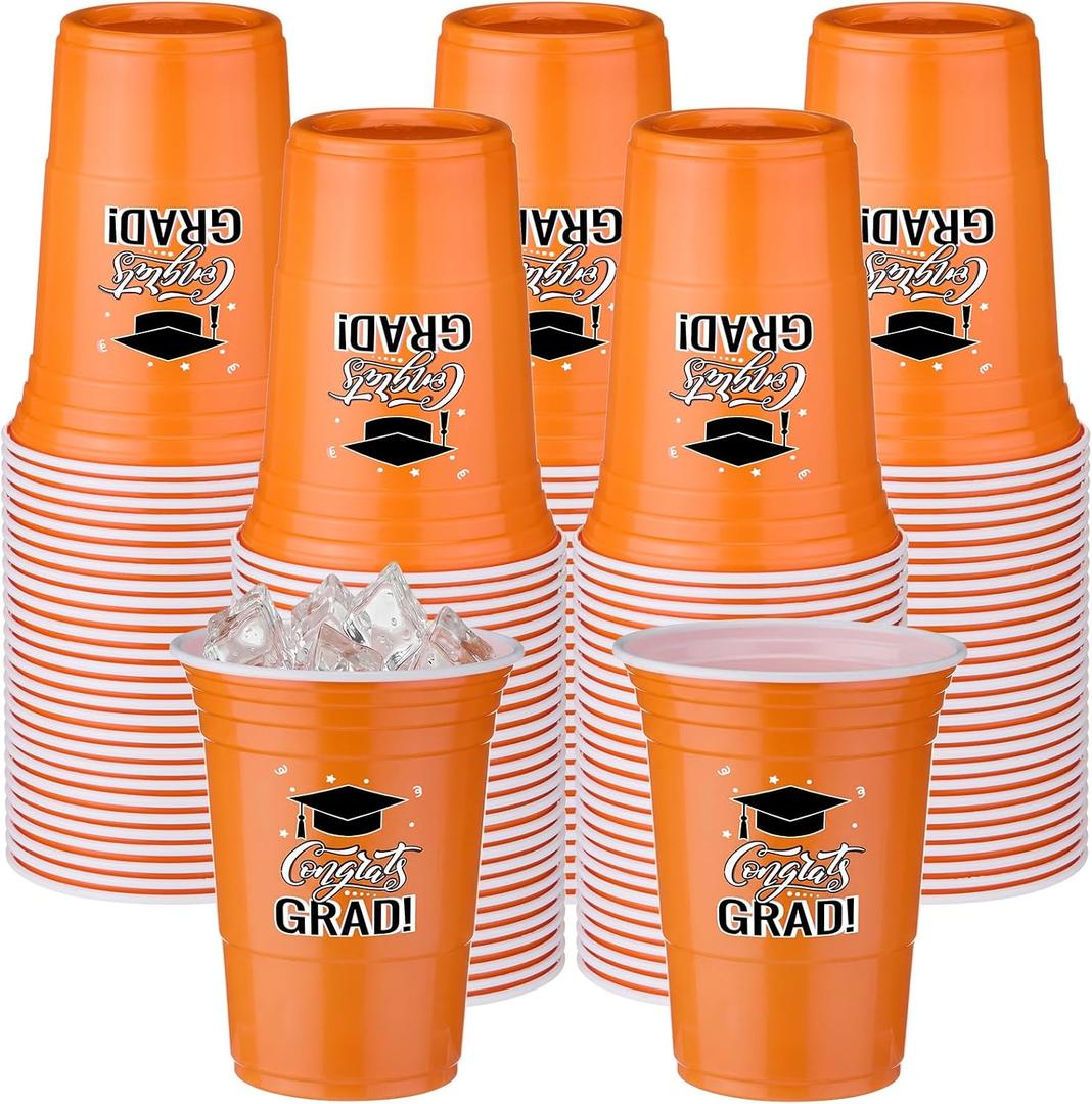 Ziliny 100 Pack Graduation Decorations 2026 16 oz Graduation Plastic Cups Congrats Grad Disposable Drinkware for Class of 2026 Grad Festivities Essential Graduate Party Favor Supplies (Orange)