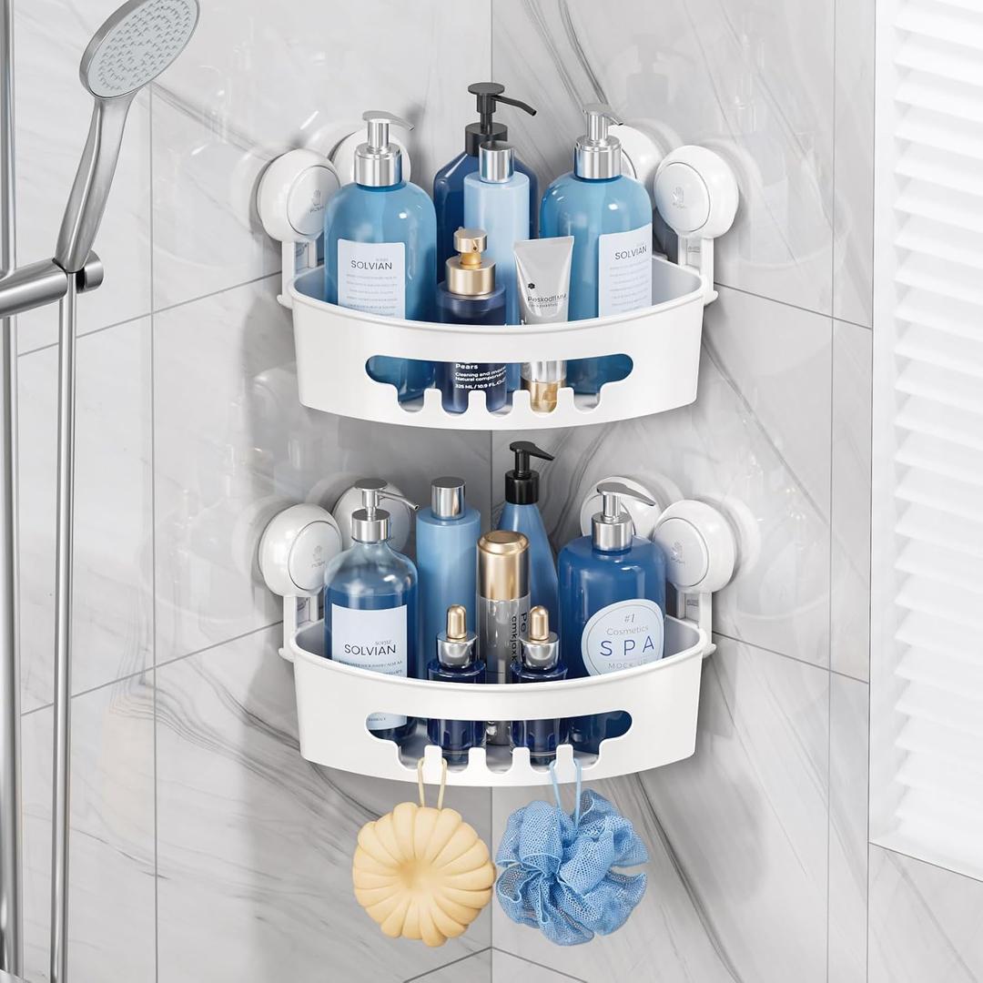 TAILI Suction Corner Shower Caddy, Bathroom Shelf Storage Basket Wall Mounted Organizer for Shampoo, Conditioner, Plastic Rack for Kitchen&Bathroom, Drill-Free Removable (2 Tier)