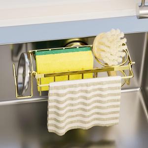 TAILI 4-in-1 Sponge Holder for Kitchen Sink with Strong Suction Cup Removable, Rustproof Stainless Steel Sink Caddy for Sponge, Brush, Scrubber, Scraper -Gold (7.28" x 2.36")