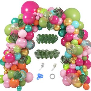 158Pcs Tropical Balloon Arch Garland Kit, Hawaiian Luau Aloha Flamingo Party Decorations Olive Green Hot Pink Orange Rose Gold Confetti Balloons Palm Leaves Birthday Baby Shower Summer Beach Supplies, 5-18 Inches