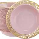 I00000 60pcs Pink Gold Plastic Bowls, 12 oz Dessert Bowls, Gold Lace Trim China Look, Premium Heavy Duty Soup Bowls for Party, Pink Gold salad Bowls for Wedding