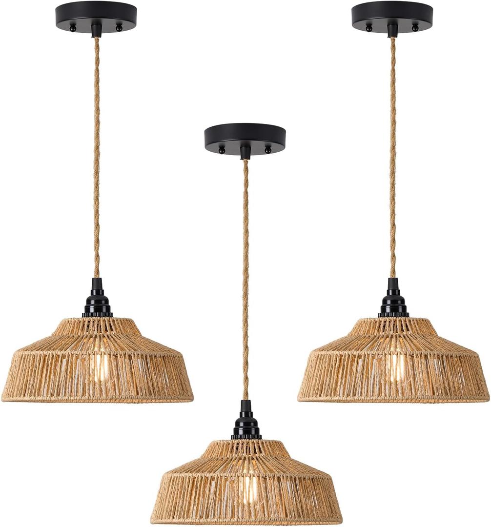 Boho Pendant Light with Cord 11 Inch Rattan Hanging Lamp Hand Woven Wicker Small Chandelier Hanging Lights Fixture for Bedroom Kitchen Hallway Foyer 3 Packs