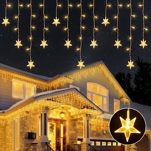 oopswow Star Icicle Lights Outdoor, 200 LED 40-Drops Star Shaped Curtain Lights, 8 Lighting Modes, Timer, Waterproof, Connectable, Warm White