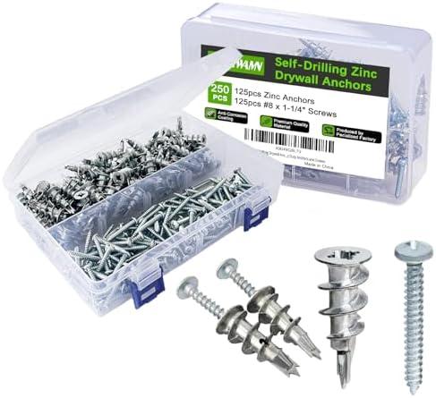220pcs #8 Metal Self-Drilling Drywall Anchors, (125 Anchors+125 Screws) Hollow Zinc Wall Anchors and Screws Kit, 125pcs Heavy Duty Anchors 125pcs #8 x 1-1/4" Screws